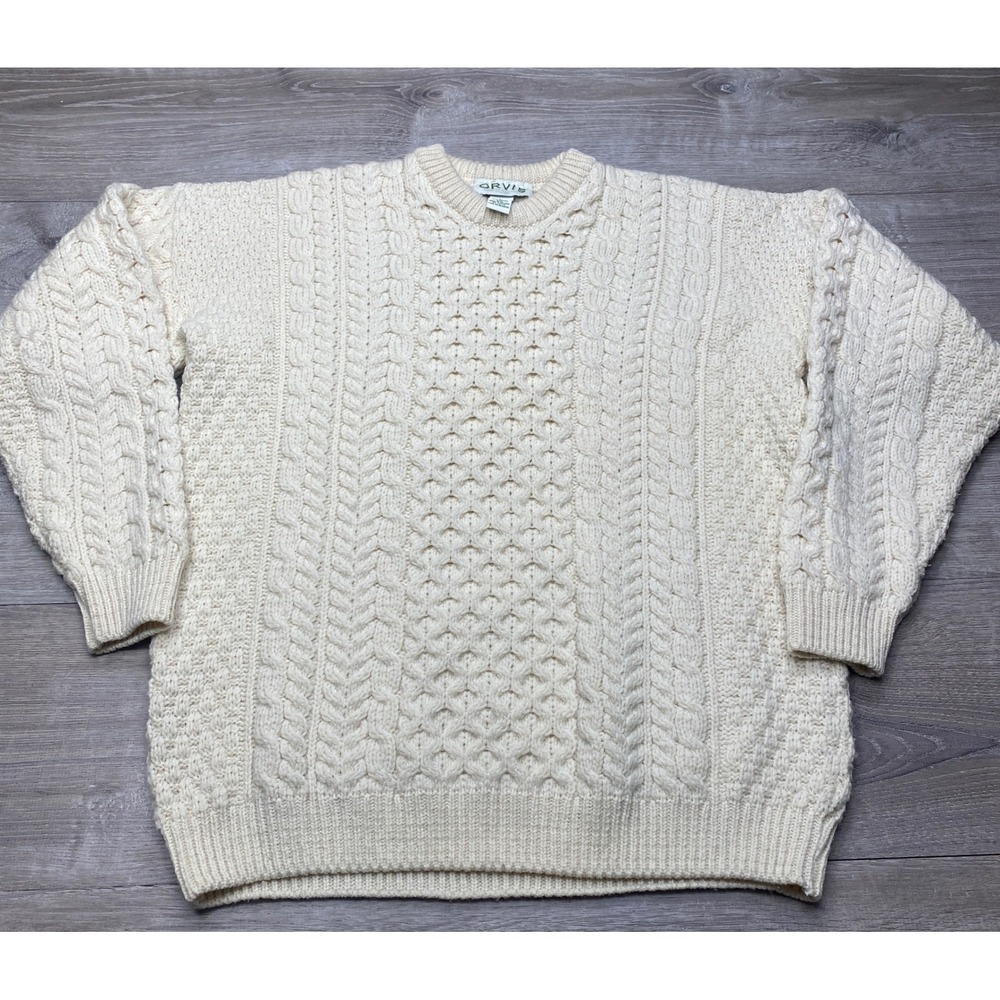 Orvis Sweater Mens L Cream Merino Wool Cable Knit Aran Ireland Heavy Fisherman